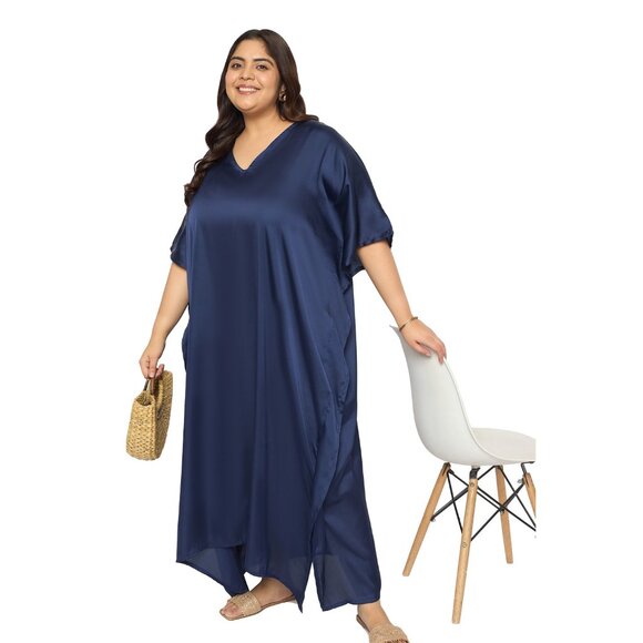 Gypsie Blu Women Plus Size Satin Solid Maxi Dress Beach Cover Up Kaftan Dresses - Picture 7 of 7